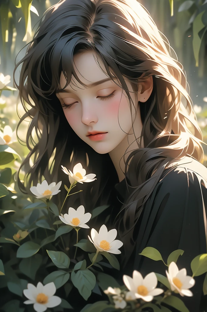 black with flowers, photograph by karolina kurel, 1girl, flower, solo, closed eyes, blurry, blurry foreground, outdoors, realistic