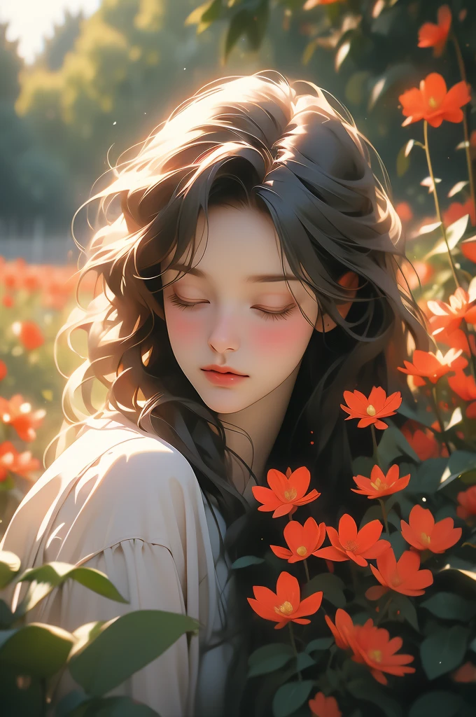 red with flowers, photograph by karolina kurel, 1girl, flower, solo, closed eyes, blurry, blurry foreground, outdoors, realistic