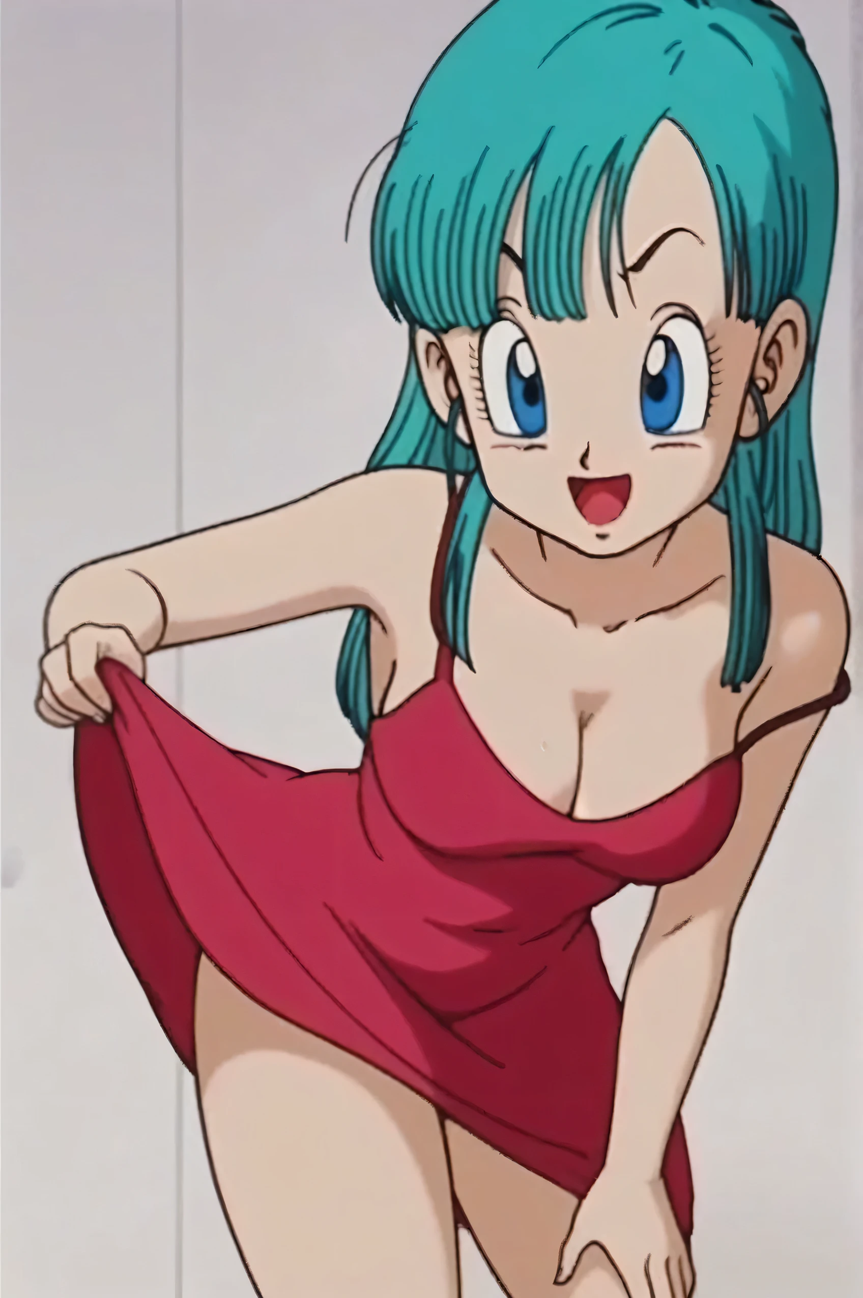 source_anime, score_9, score_8_up, score_7_up, anime screencap, bulma \(dragonball\), 1girl, solo, very long hair, looking at viewer, bangs, red dress, taut dress, spaghetti strap red dress, sleeveless, medium breast, standing, moaning, horny smile expression, slutty, sexy, aqua hair, collarbone, arms by side,
