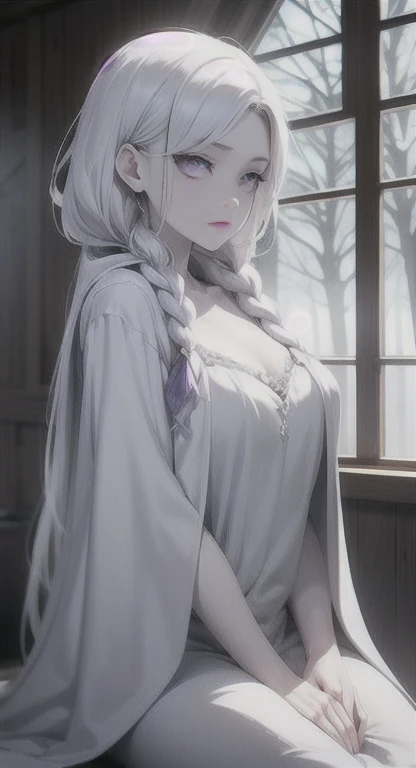 Frozen, misty Forest, ancient being, winter, snow, winter witch pale skin, purple eyes, eyes in the fog, regal appearance, cabin,