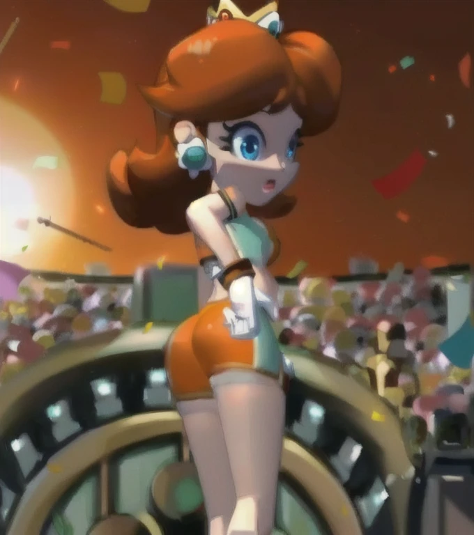 masterpiece, best quality, 4k, high res, detailed, cartoon, cartoon artstyle, anime, 1girl, solo, detailed face, highest quality, 1girl, solo, long hair, breasts, blue eyes, brunette hair, earrings, crown, princess daisy, looking at viewer, wearing orange sports shorts and orange short-shorts, white gloves with orange cuffs, wide hips, narrow waist, hourglass figure, round ass, butt sticking out from shorts, (back shot:1.3), shot taken from behind, looking from behind, outdoors, detailed, detailed background, stadium, crowds of people in the bleachers, confetti flying in the hair, sun setting, orange,
