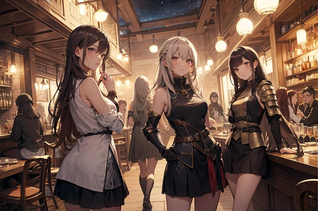 A group of female medieval fantasy adventurers, (in tavern), various hair styles, harem, night, details face, short skirt, seducing, sleeveless, armor