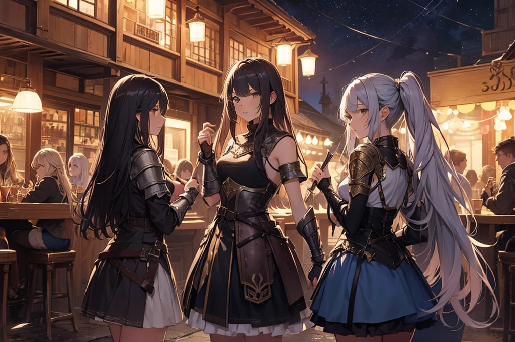 A group of female medieval fantasy adventurers, (in tavern), various hair styles, harem, night, details face, short skirt, seducing, sleeveless, armor