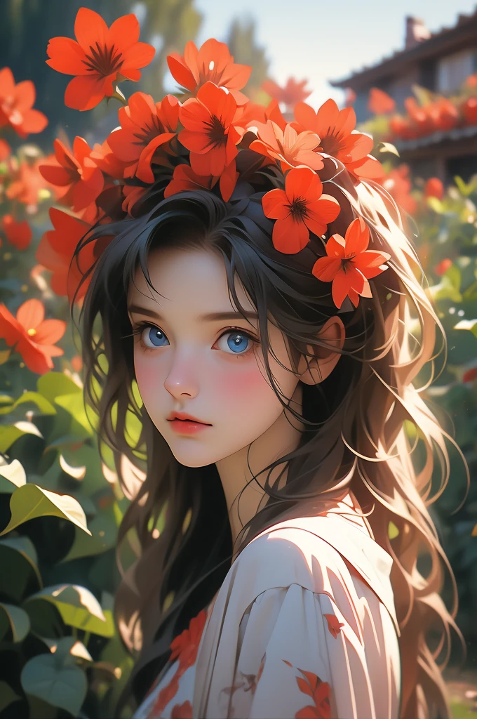 red with flowers, photograph by karolina kurel, 1girl, flower, solo, blue eyes, blurry, blurry foreground, outdoors, realistic