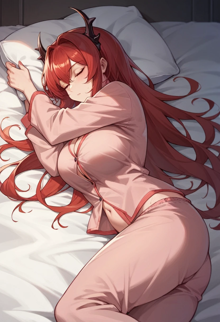 Surtr(Arknights),red hair,peach skin,curvy body,wears revealing pajamas, sleeping on bed during midnight,sweaty body.