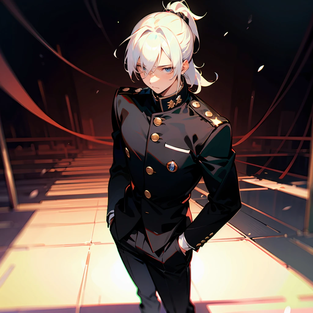 1male , Young Male , Somber Expression ,Bright White Hair , Curly Hair , Pulled Back into a ponytail , Bangs , Calm Expression , Black Aviators , Lean , Black Gakuran Uniform , Black Baggy Pants , Standing on Path , Perfect Generation