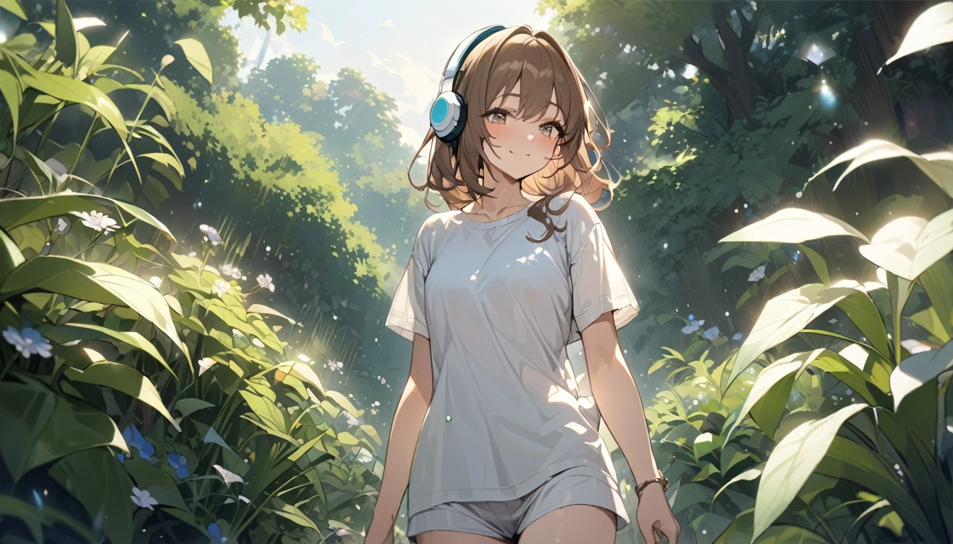 Brown-haired girl wearing headphoneorning dew garden - highly detailed、masterpiece, Highest quality, Bright - A garden sparkling with morning dew in the background、Gentle smile、Casual clothing、Walking in the garden