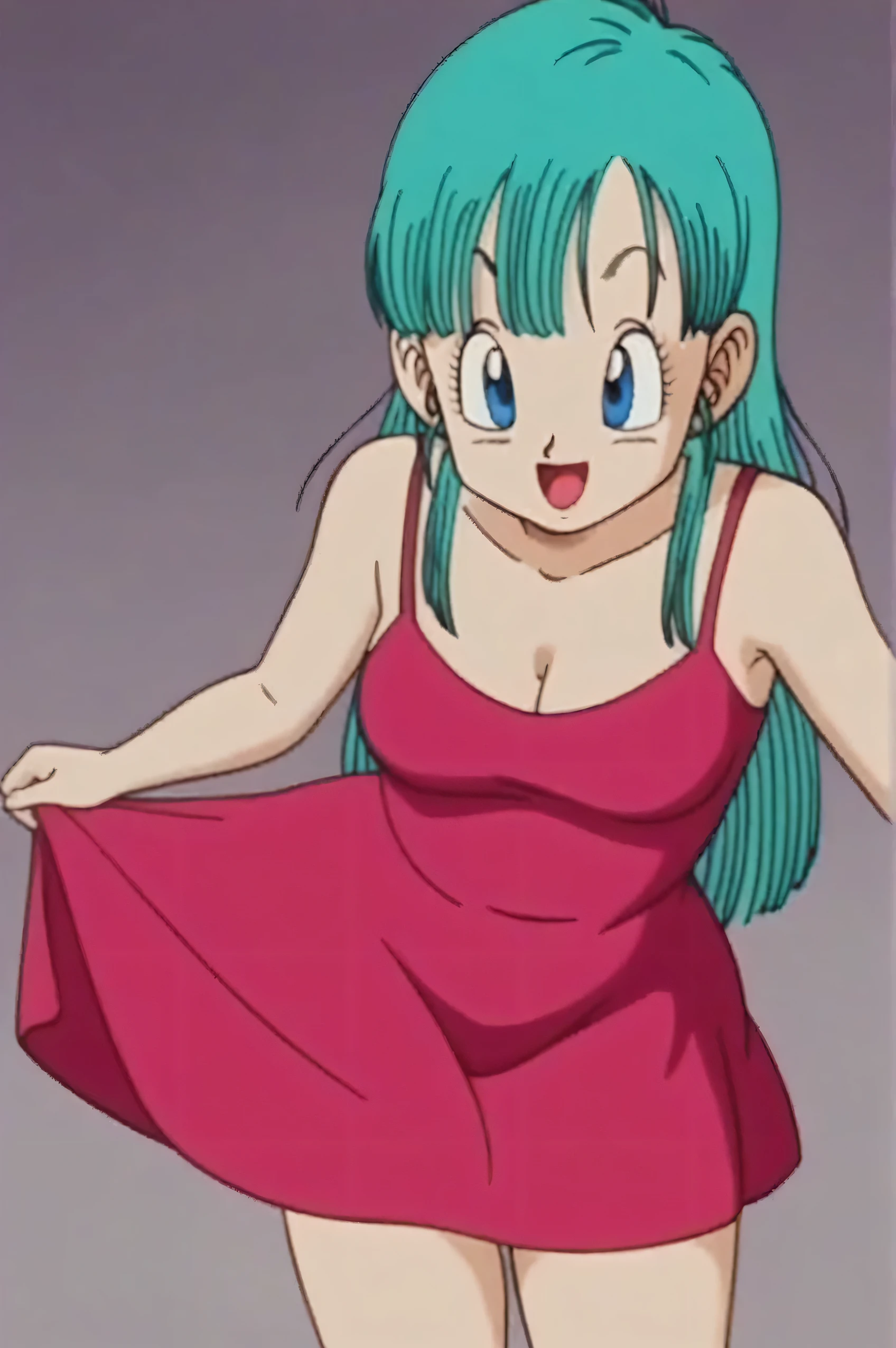 source_anime, score_9, score_8_up, score_7_up, anime screencap, bulma \(dragonball\), 1girl, solo, very long hair, looking at viewer, bangs, red dress, taut dress, spaghetti strap red dress, skin tight dress, sleeveless, medium breast, standing, moaning, horny smile expression, slutty, sexy, aqua hair, collarbone, arms by side,