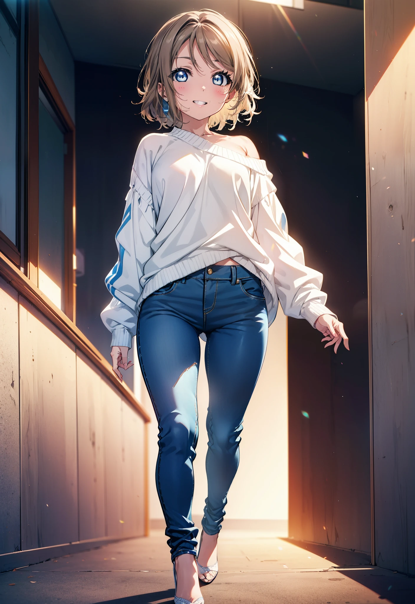 Yo Watanabe, Watanabe Yo, short hair, blue eyes, Brown Hair, smile, Grin,One-shoulder sweater,Skinny jeans,Stiletto heels,Walking,morning,morning陽,The sun is rising,whole bodyがイラストに入るように,
break outdoors, ビル街
break looking at viewer, whole body,
break (masterpiece:1.2), Highest quality, High resolution, unity 8k wallpaper, (figure:0.8), (Beautiful attention to detail:1.6), Highly detailed face, Perfect lighting, Highly detailed CG, (Perfect hands, Perfect Anatomy),