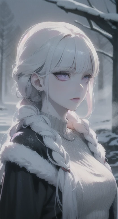 Frozen, misty Forest, ancient being, winter, snow, winter witch pale skin, purple eyes, eyes in the fog, regal appearance, cabin,