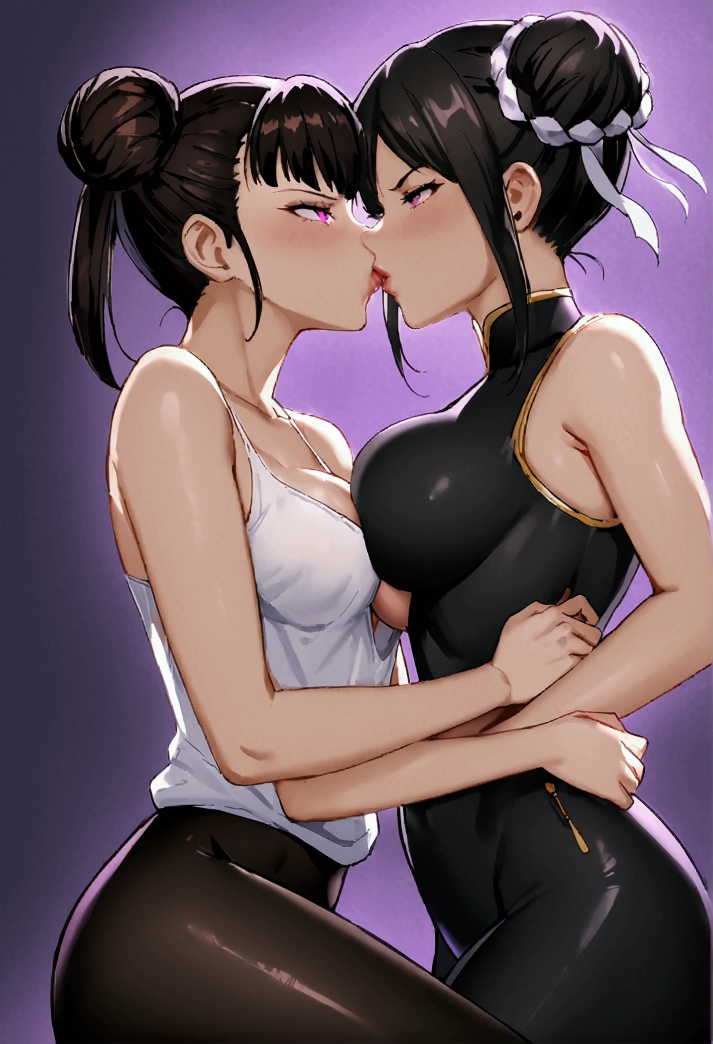 juri han sentada no colo da chun li, fitness com ,dressing May in black pantyhose, sample breasts,,,hair horns,glowing purple eyes,Evil smile,legging preto juri han,labiaa,penetraçao,confrontation,hentai,kissing,kiss,breasts touching