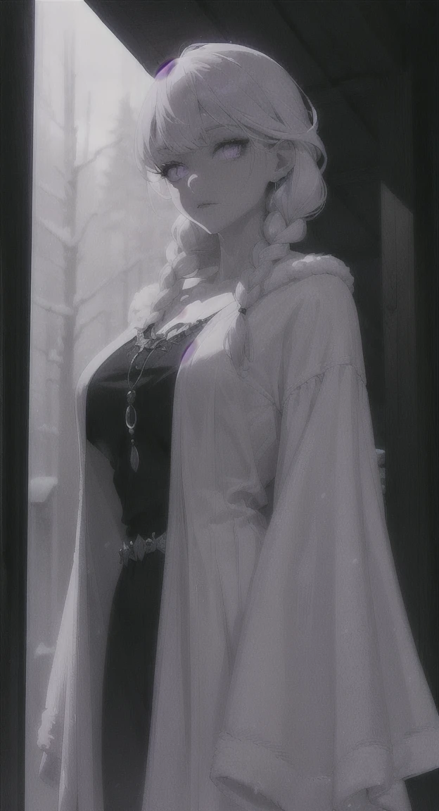 Frozen, misty Forest, ancient being, winter, snow, winter witch pale skin, purple eyes, eyes in the fog, regal appearance, cabin,