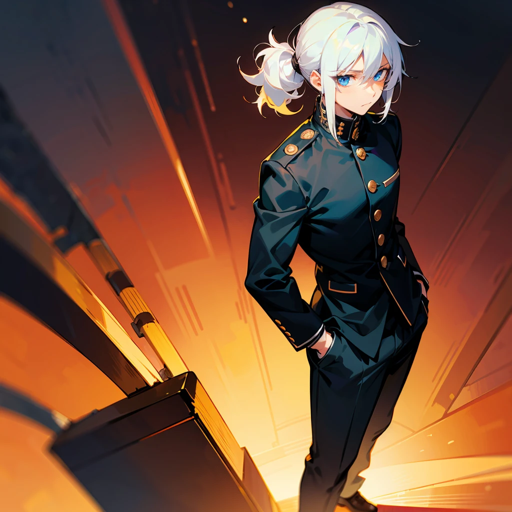 1male , Young Male , Somber Expression ,Bright White Hair , Curly Hair , Pulled Back into a ponytail , Bangs , Calm Expression , Bright Blue Eyes , Lean , Black Gakuran Uniform , Black Baggy Pants , Standing on Path , Perfect Generation