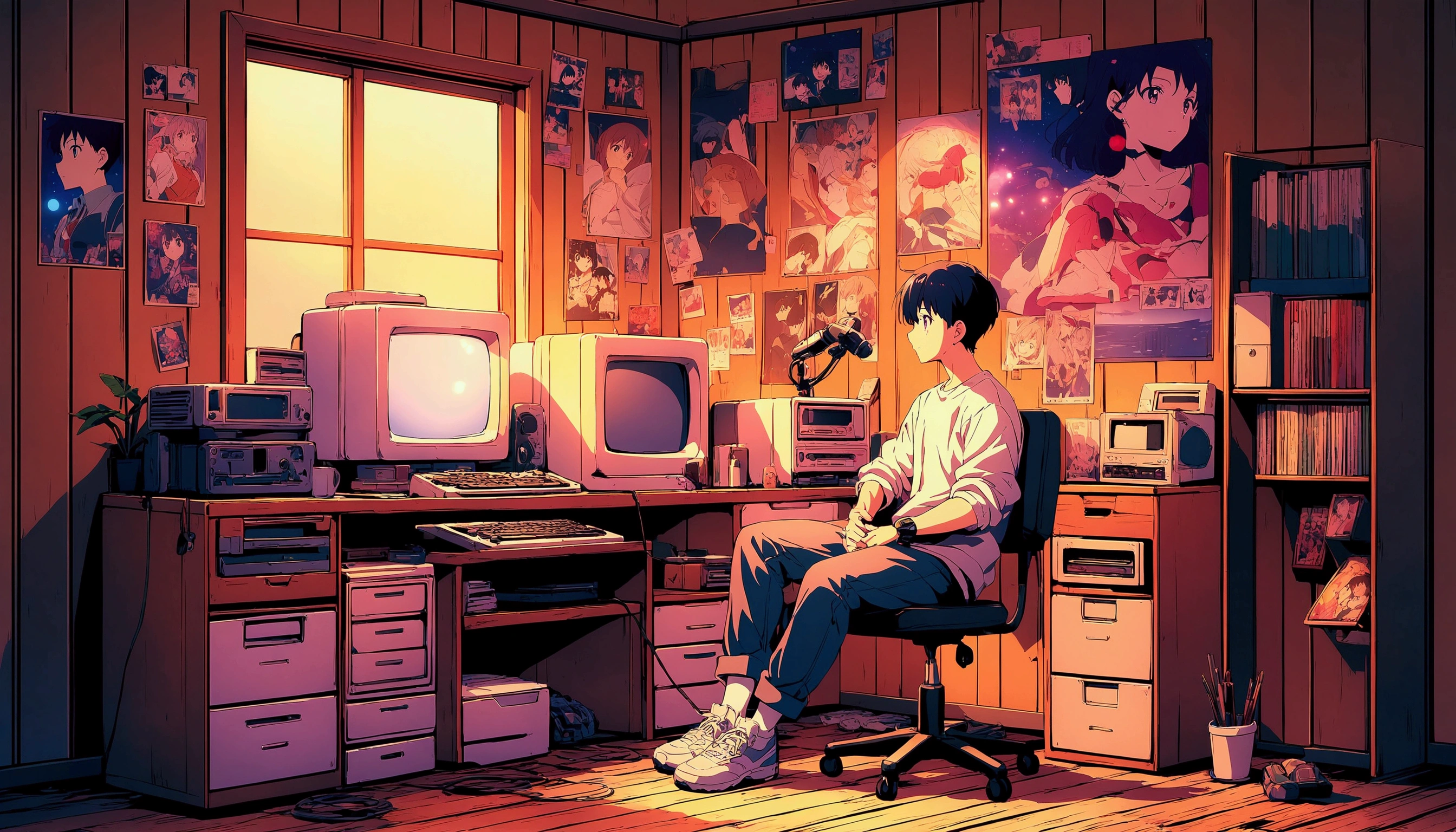 anime poster , night, colored lights, colored lights
