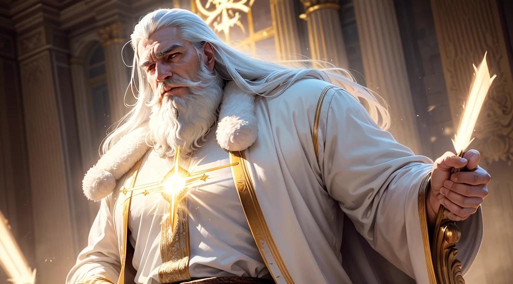 (masterpiece, best quality, ultra-realistic), God's throne room, high resolution, divine man, majestic, strong, imposing, white hair and beard, white clothes warmth, dazzling light, serene aura, magnificent aura, god (embodiment of power:1.2), glorious, surreal, powerful, (emitting light:1.3), (gleaming:1.2)