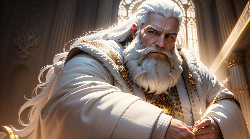 (masterpiece, best quality, ultra-realistic), God's throne room, high resolution, divine man, majestic, strong, imposing, white hair and beard, white clothes warmth, dazzling light, serene aura, magnificent aura, god (embodiment of power:1.2), glorious, surreal, powerful, (emitting light:1.3), (gleaming:1.2)