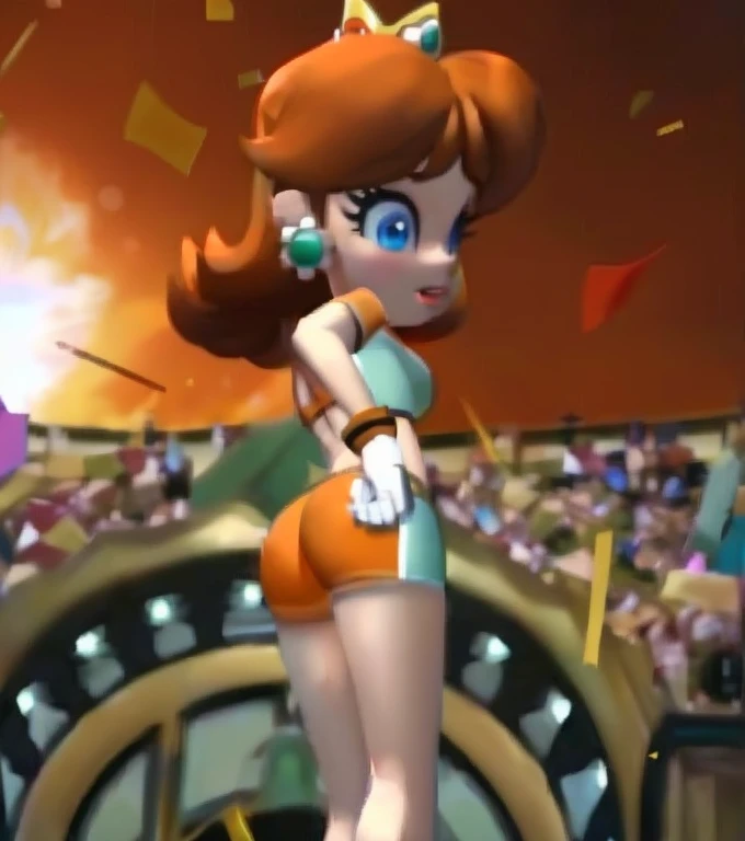masterpiece, best quality, 4k, high res, detailed, cartoon, cartoon artstyle, anime, 1girl, solo, detailed face, highest quality, 1girl, solo, long hair, breasts, blue eyes, brunette hair, earrings, crown, princess daisy, looking at viewer, wearing orange sports shorts and orange short-shorts, white gloves with orange cuffs, wide hips, narrow waist, hourglass figure, round ass, butt sticking out from shorts, (back shot:1.3), shot taken from behind, looking from behind, outdoors, detailed, detailed background, stadium, crowds of people in the bleachers, confetti flying in the hair, sun setting, orange,