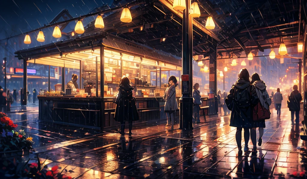 masterpiece, concept art,  train station in the rain at night, a detailed matte painting, by Makoto Shinkai, featured on pixiv, photorealism, night starry sky full of cats, watching the sun set. anime, wlop hdr, from arknights, wide-screen, white snow, ( ( thomas kinkade ) ), artstatiom, 'the end, very long