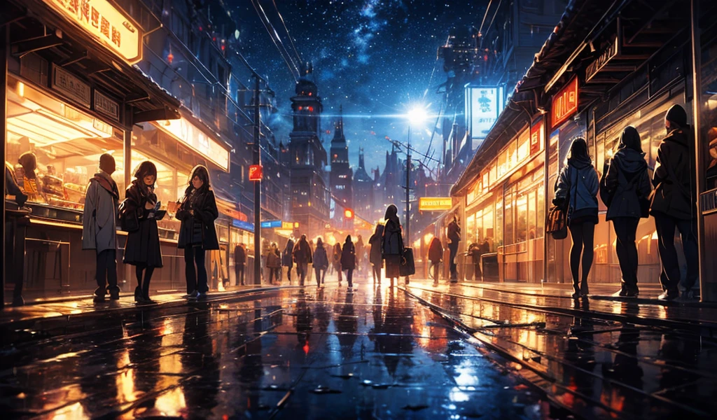 masterpiece, concept art, train station in the rain at night, a detailed matte painting, by Makoto Shinkai, featured on pixiv, photorealism, night starry sky full of cats, watching the sun set. anime, wlop hdr, from arknights, wide-screen, white snow, ( ( thomas kinkade ) ), artstatiom, 'the end, very long