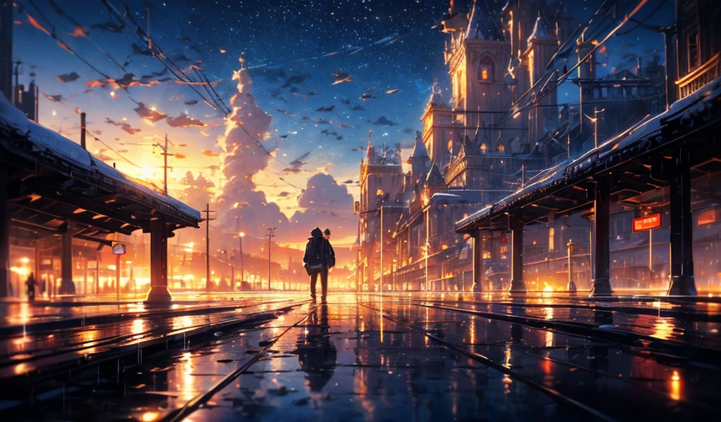 masterpiece, concept art, train station in the rain at night, a detailed matte painting, by Makoto Shinkai, featured on pixiv, photorealism, night starry sky full of cats, watching the sun set. anime, wlop hdr, from arknights, wide-screen, white snow, ( ( thomas kinkade ) ), artstatiom, 'the end, very long