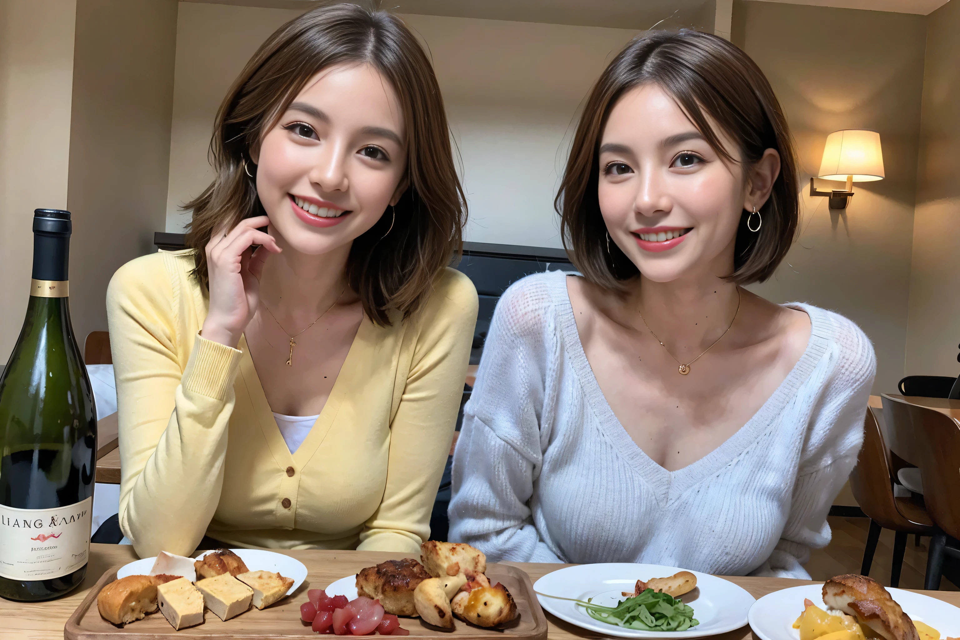 (Realistic:1.1),(masterpiece,Highest quality),8k,(49 years old), 53 years old, slimカップル、Tight waist,Upper Body,full-course dinner、wine 、Amazing view of the sunset sky and clouds、Perfect Anatomy, Brown Hair, short hair,Random Hairstyles,((Highly detailed face and eyes:1.2)),Perfect golden ratio face,Long sleeve shirt、dress,(smile:1.2)、Shortcuts、cute、(Realistic, Intricate details:1.2), A bright smile、short hair,Bright Face、赤wine 、Appetizers、Italian food、wine bottle、Champagne、スパークリングwine、(slimな顔), (The body is slim), (Brown Hair), (Shortcuts), Upper Body, 白wine, slim, wineグラス,