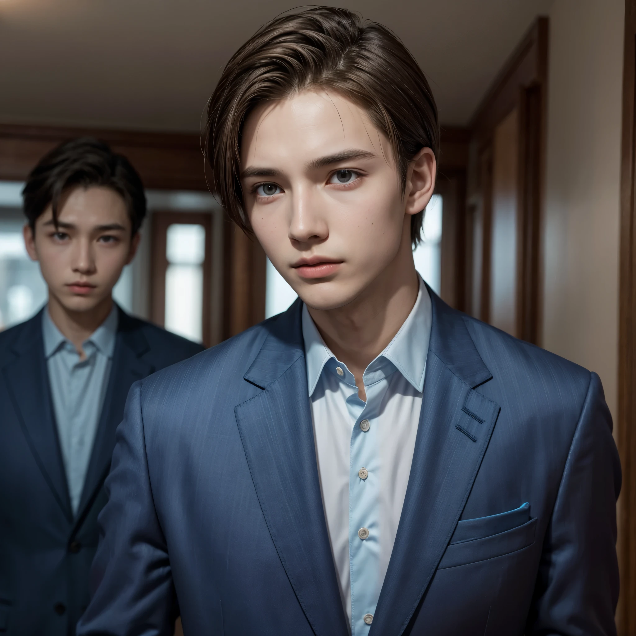 young and thin king, short brown straight hair, Big head, blue suit