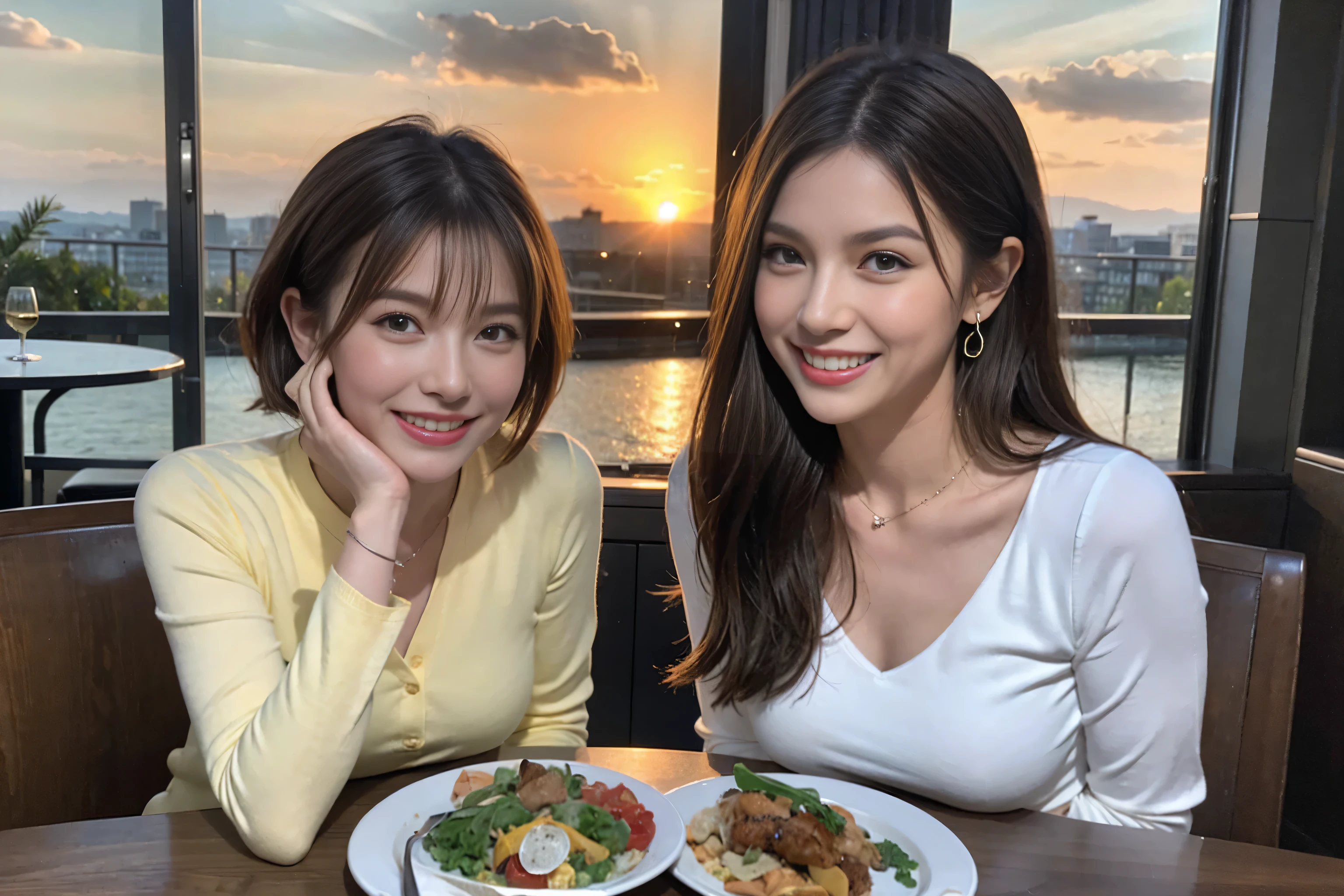 (Realistic:1.1),(masterpiece,Highest quality),8k,(49 years old), 53 years old, slimカップル、Tight waist,Upper Body,full-course dinner、wine 、Amazing view of the sunset sky and clouds、Perfect Anatomy, Brown Hair, short hair,Random Hairstyles,((Highly detailed face and eyes:1.2)),Perfect golden ratio face,Long sleeve shirt、dress,(smile:1.2)、Shortcuts、cute、(Realistic, Intricate details:1.2), A bright smile、short hair,Bright Face、赤wine 、Appetizers、Italian food、wine bottle、Champagne、スパークリングwine、(slimな顔), (The body is slim), (Brown Hair), (Shortcuts), Upper Body, 白wine, slim, wineグラス,