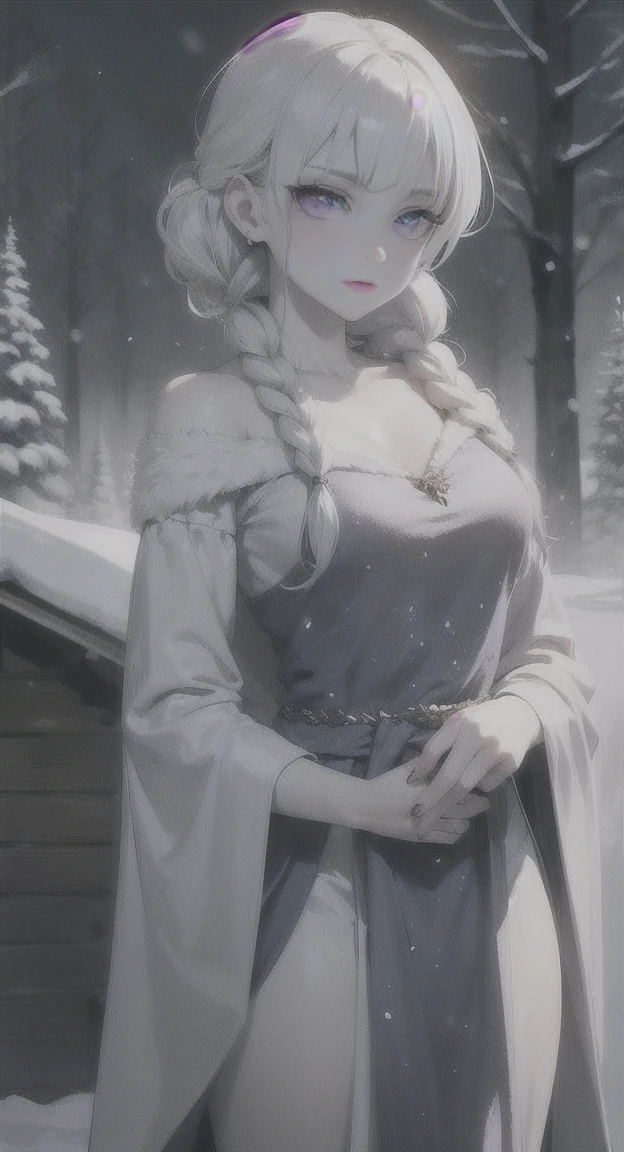 Frozen, misty Forest, ancient being, winter, snow, winter witch pale skin, purple eyes, eyes in the fog, regal appearance, cabin,