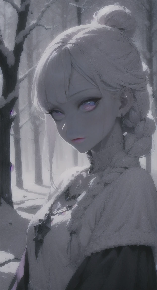 Frozen, misty Forest, ancient being, winter, snow, winter witch pale skin, purple eyes, eyes in the fog, regal appearance, cabin,