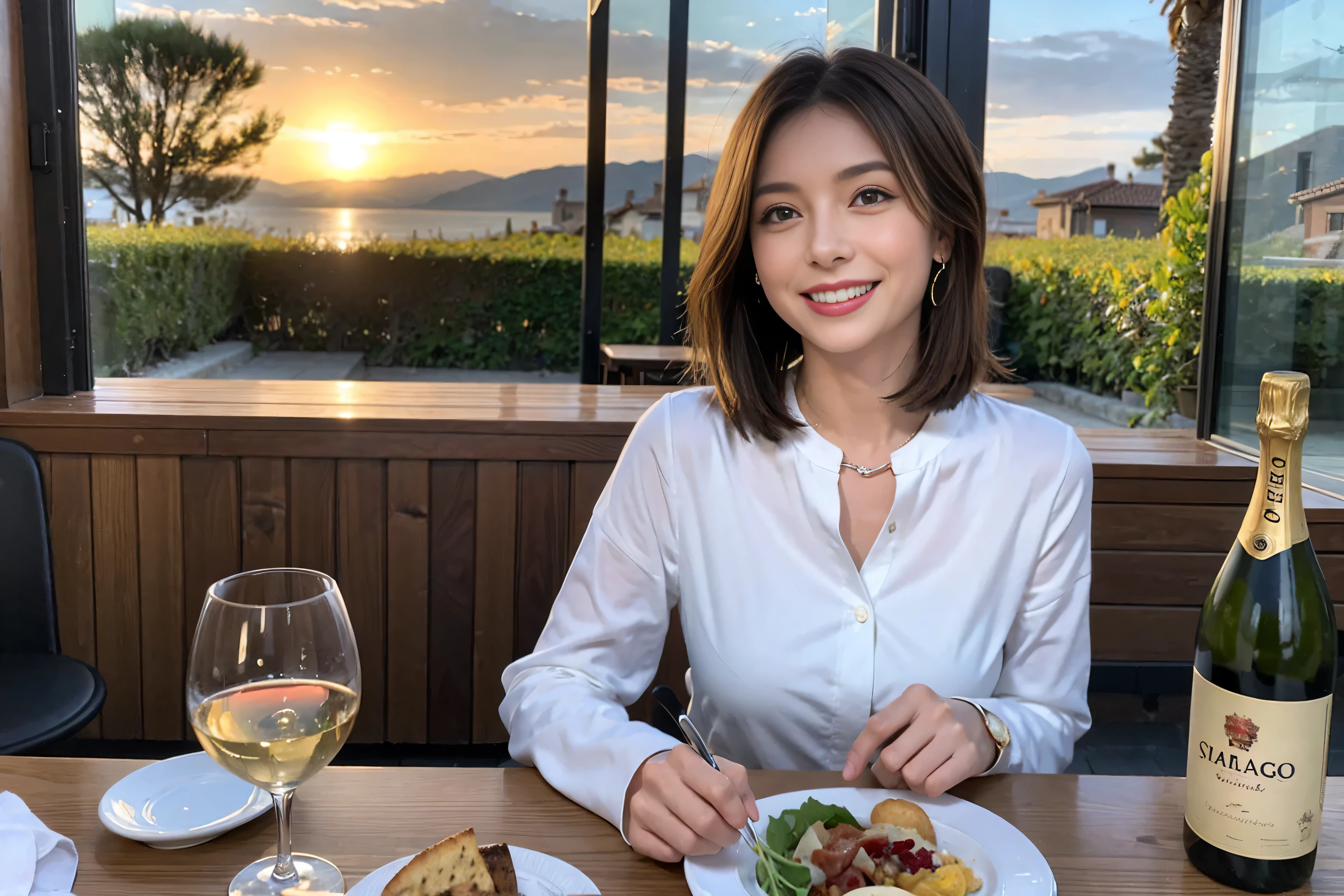 （Realistic:1.1）,(masterpiece,Highest quality)，8k,(49 years old), 53 years old, slimカップル、Tight waist,Upper Body,full-course dinner、wine 、Amazing view of the sunset sky and clouds、Perfect Anatomy, Brown Hair, short hair,Random Hairstyles,((Highly detailed face and eyes:1.2))，Perfect golden ratio face，Long sleeve shirt、dress,(smile:1.2)、Shortcuts、cute、(Realistic, Intricate details:1.2), A bright smile、short hair,Bright Face、赤wine 、Appetizers、Italian food、wine bottle、Champagne、スパークリングwine、(slimな顔), (The body is slim), (Brown Hair), (Shortcuts),  Upper Body, 白wine, slim, wineグラス, 