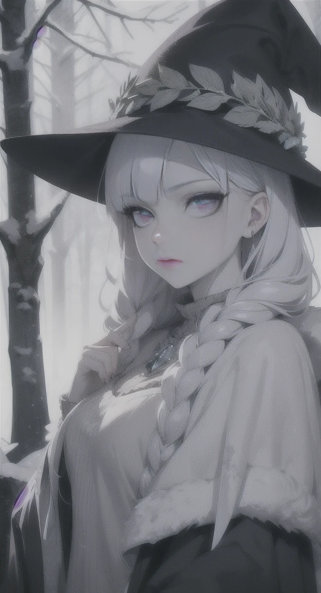 Frozen, misty Forest, ancient being, winter, snow, winter witch pale skin, purple eyes, eyes in the fog, regal appearance, cabin,