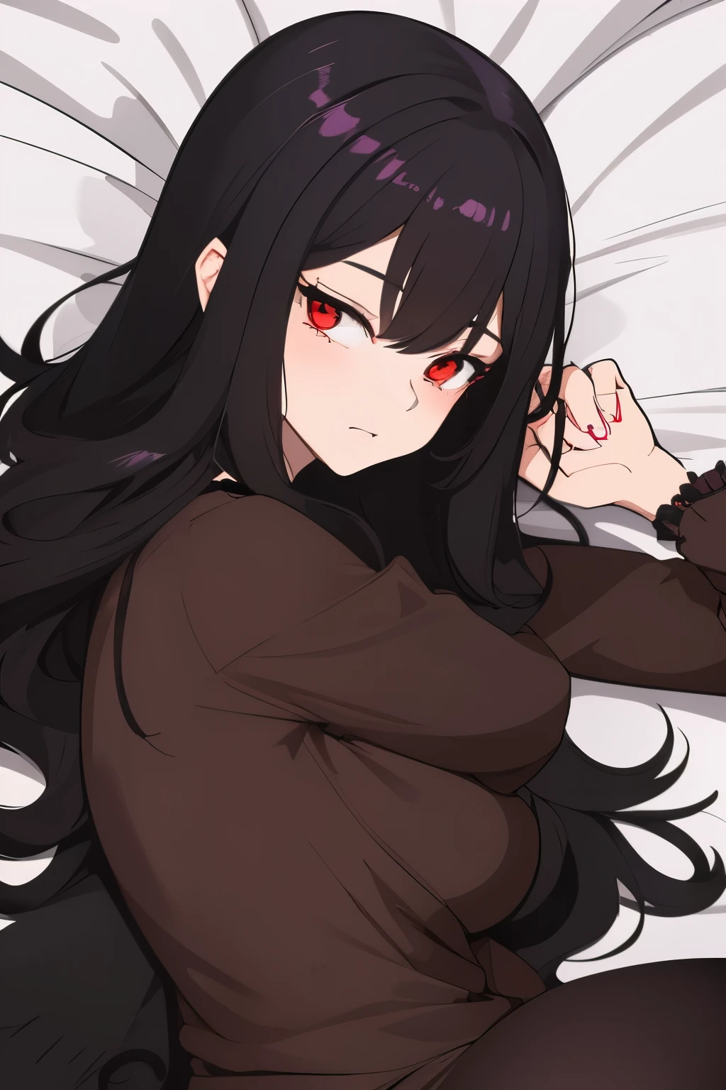 Young female vampire girl, awkward, bashful, clumsy, red eyes, (Long, raven-black, cascading in soft waves down her back hair), (POV: Lying next to you in bed on her side, looking sleepy), view as if you were lying next to her