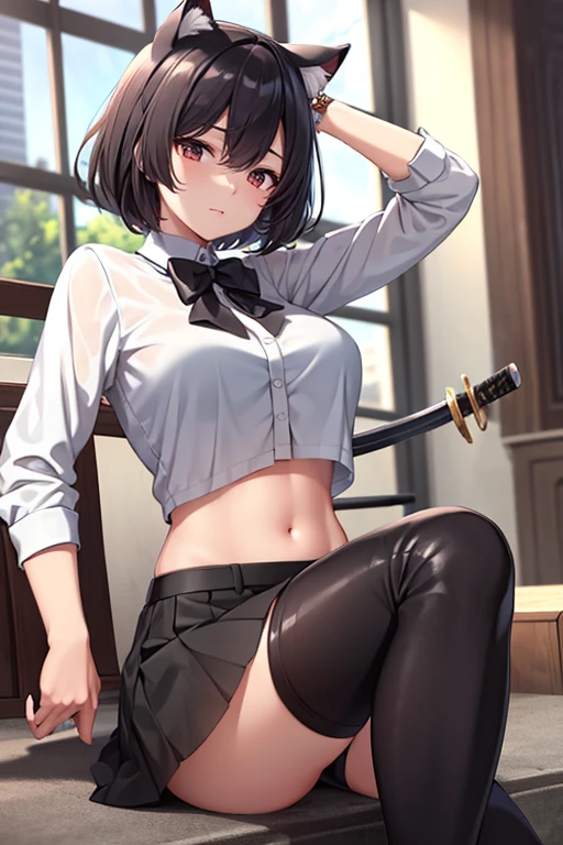 (masterpiece, best quality), 1 girl with short black hair, cat ears, short skirt, knee-high leather boots, white shirt up to mid-abdomen, red eyes, katana sword