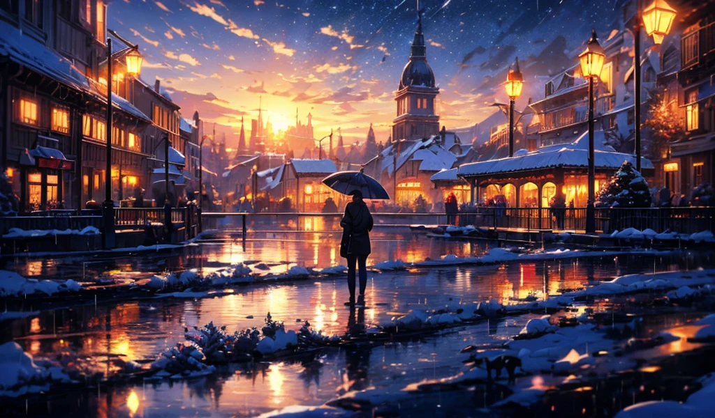 masterpiece, concept art, train station in the rain at night, a detailed matte painting, by Makoto Shinkai, featured on pixiv, photorealism, night starry sky full of cats, watching the sun set. anime, wlop hdr, from arknights, wide-screen, white snow, ( ( thomas kinkade ) ), artstatiom, 'the end, very long