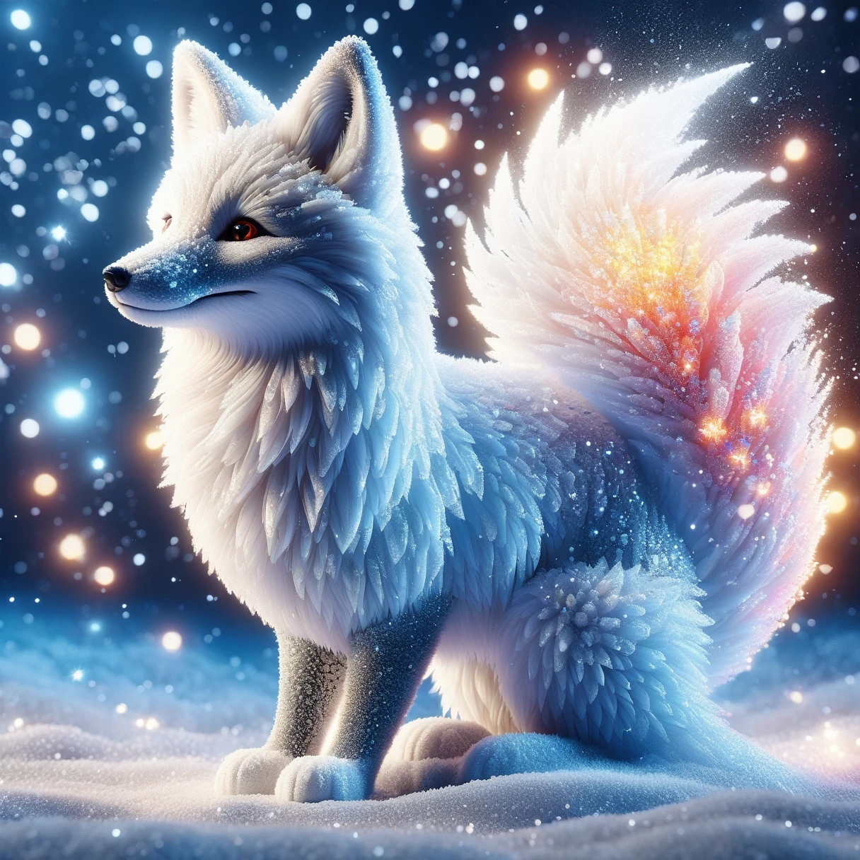 Cute snow fox in cartoon style,Realistic,Christmas Background,Bokeh,Luminous effect,Particle Effects,Cinematic shots,Very detailed,snow style,