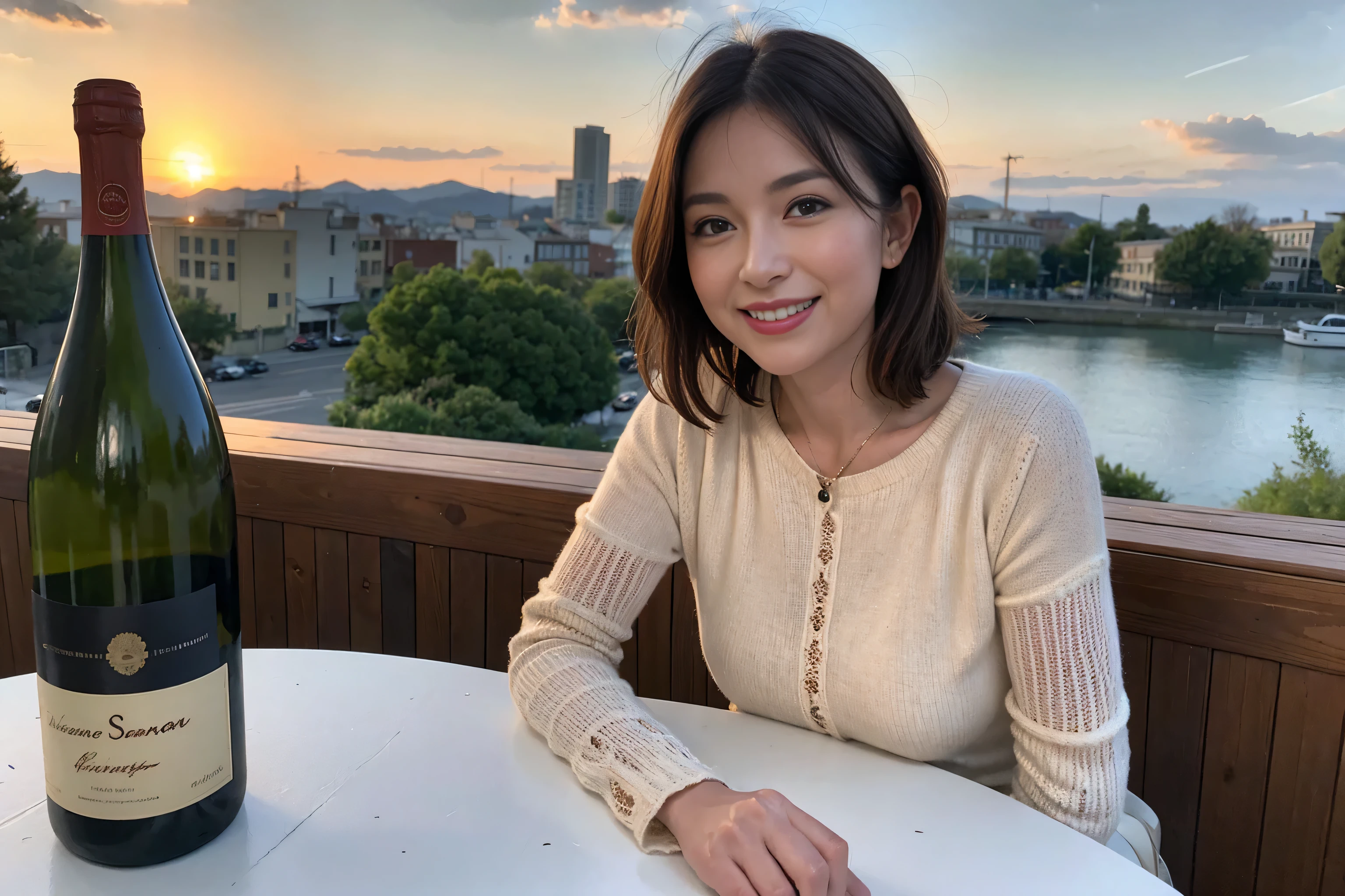 (Realistic:1.1),(masterpiece,Highest quality),8k,(49 years old), 50 years old, slimカップル、Tight waist,Upper Body,full-course dinner、wine 、Amazing view of the sunset sky and clouds、Perfect Anatomy, Brown Hair, short hair,Random Hairstyles,((Highly detailed face and eyes:1.2)),Perfect golden ratio face,Long sleeve shirt、dress,(smile:1.2)、Shortcuts、cute、(Realistic, Intricate details:1.2), A bright smile、short hair,Bright Face、赤wine 、Appetizers、Italian food、wine bottle、Champagne、スパークリングwine、(slimな顔), (The body is slim), (Brown Hair), (Shortcuts), Upper Body, 白wine, slim, wineグラス,