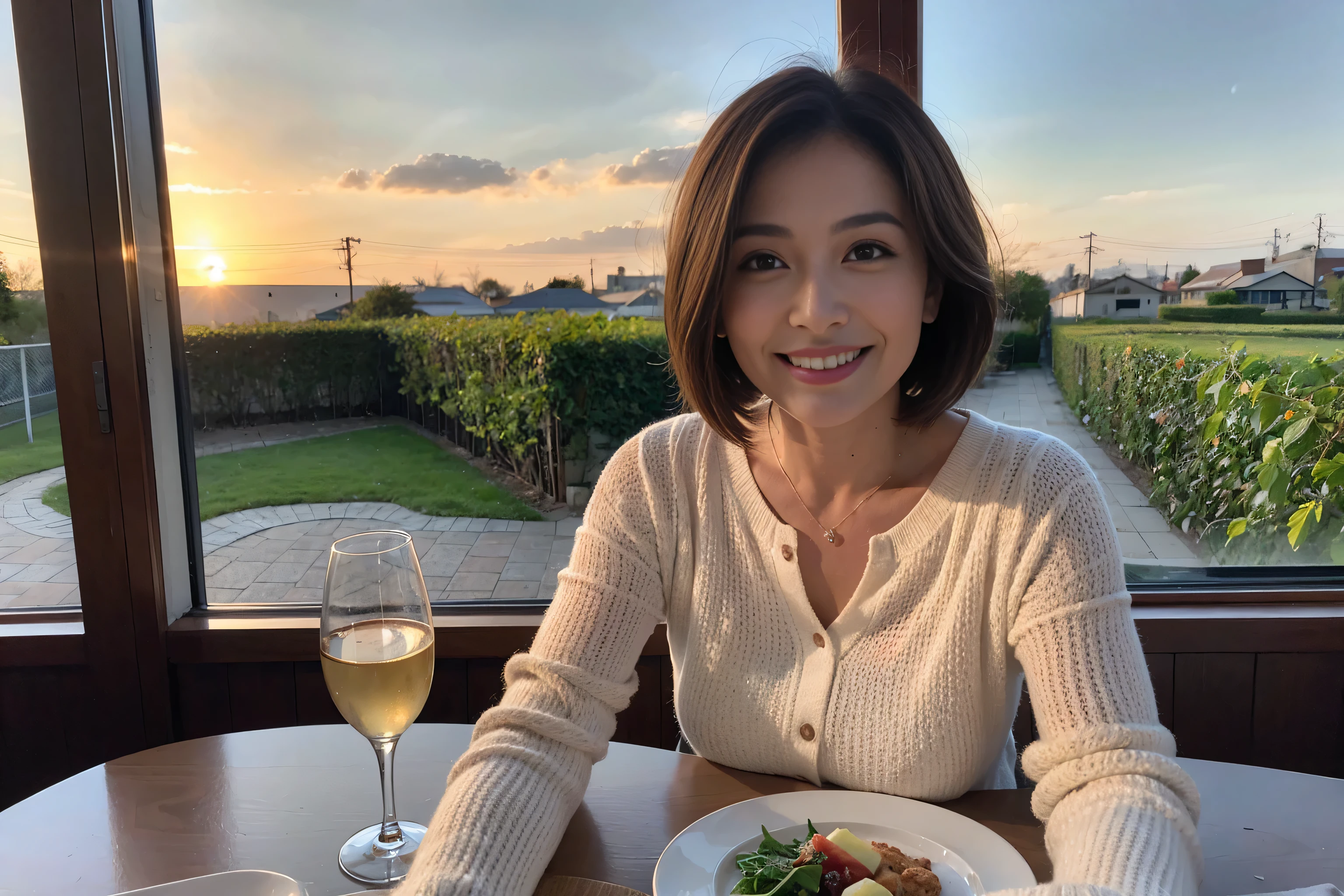 (Realistic:1.1),(masterpiece,Highest quality),8k,(49 years old), 50 years old, slimカップル、Tight waist,Upper Body,full-course dinner、wine 、Amazing view of the sunset sky and clouds、Perfect Anatomy, Brown Hair, short hair,Random Hairstyles,((Highly detailed face and eyes:1.2)),Perfect golden ratio face,Long sleeve shirt、dress,(smile:1.2)、Shortcuts、cute、(Realistic, Intricate details:1.2), A bright smile、short hair,Bright Face、赤wine 、Appetizers、Italian food、wine bottle、Champagne、スパークリングwine、(slimな顔), (The body is slim), (Brown Hair), (Shortcuts), Upper Body, 白wine, slim, wineグラス,
