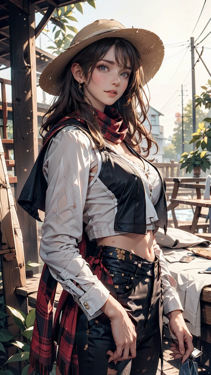 Portrait of a beautiful woman on a muddy farm:1.2 , Cowboy hat, Fringed waistcoat , pants, scarf , confidence , Mid-chest,