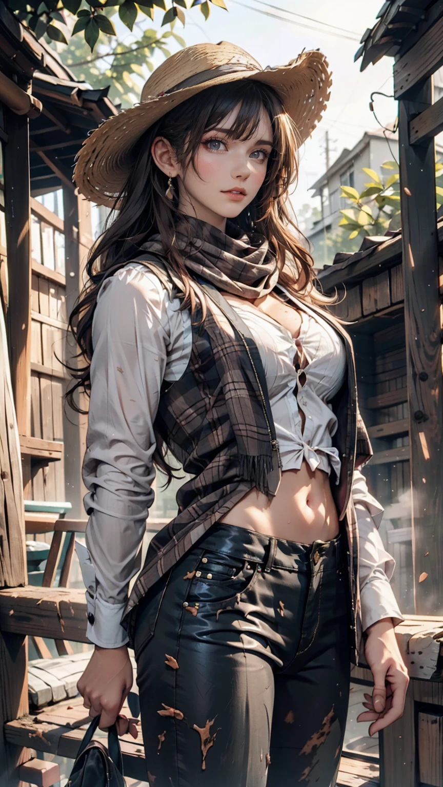 Portrait of a beautiful woman on a muddy farm:1.2 , Cowboy hat, Fringed waistcoat , pants, scarf , confidence , Mid-chest,