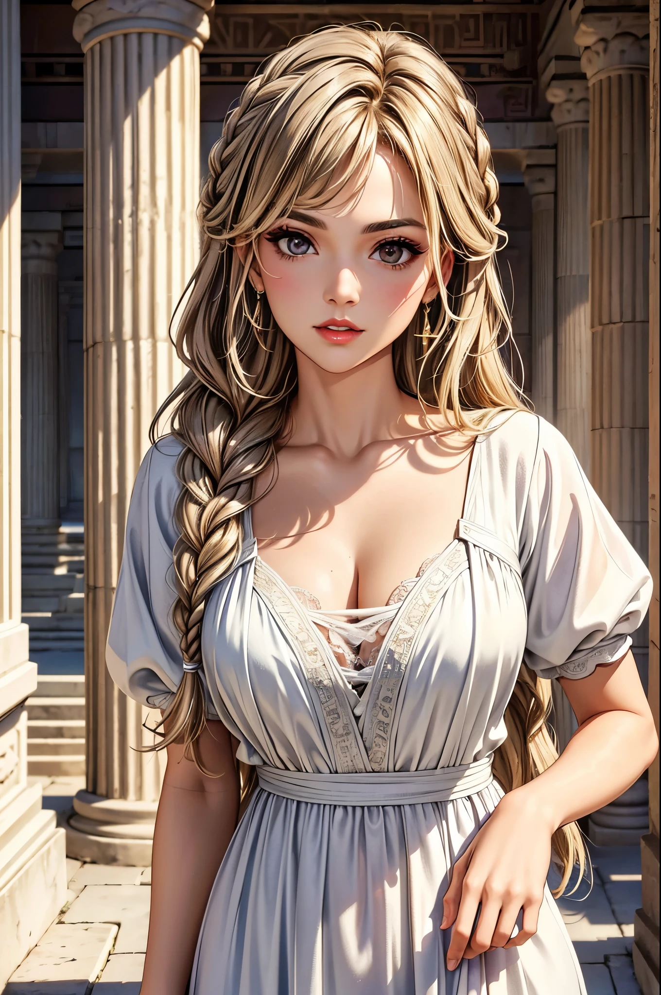 (best quality, 8K, masterpiece:1.3), pretty Woman, 1 girl, beautiful face, (Sexy), light brown gradient hair, blunt bangs wavy long hair side braids, long braid, white casual dress, Ultra-detailed face, Detailed lips, super detailed eyes, double eyelids, long upper eyelashes, Soft skin, HD skin, Mediterranean, Athens, Ancient miracles, Greek temple ruins, Giant pillars, 8k, Super detailed, best quality detail, retina, Ultra-high resolution, masterpiece, ccurate