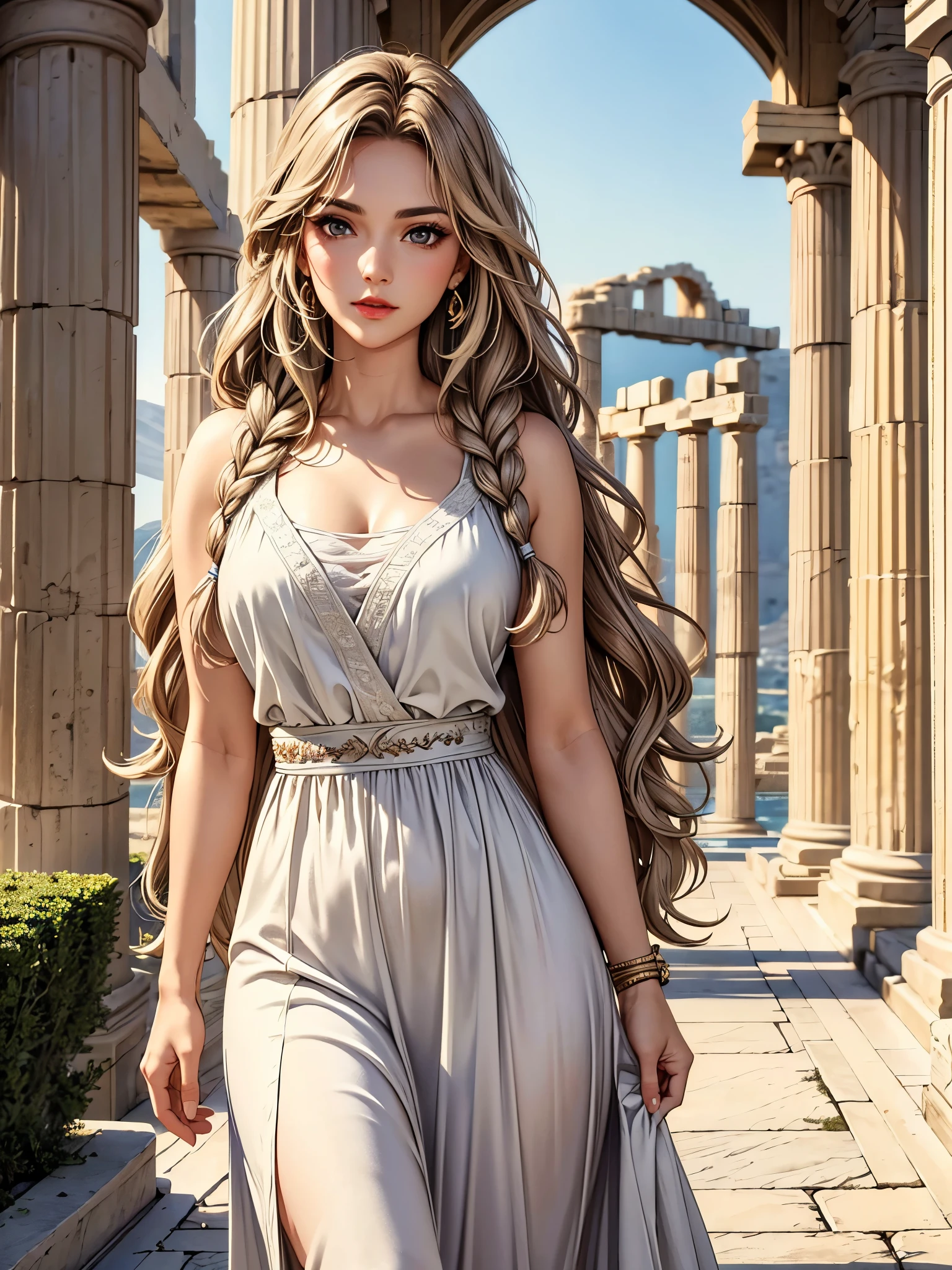 (best quality, 8K, masterpiece:1.3), pretty Woman, 1 girl, beautiful face, (Sexy), light brown gradient hair, blunt bangs wavy long hair side braids, long braid, white casual dress, Ultra-detailed face, Detailed lips, super detailed eyes, double eyelids, long upper eyelashes, Soft skin, HD skin, Mediterranean, Athens, Ancient miracles, Greek temple ruins, Giant pillars, 8k, Super detailed, best quality detail, retina, Ultra-high resolution, masterpiece, ccurate