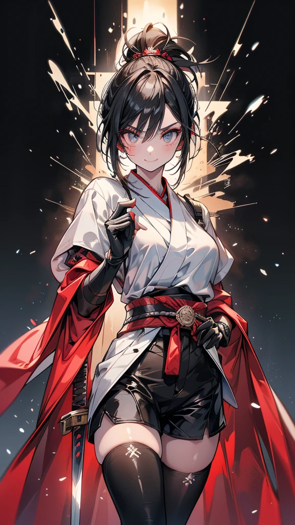 Adult features　Short Ponytail　length, Narrow eyes　smile　Glare　frivolous attitude　Japanese Clothing　White shirt　Black hot pants　Black long gloves　Black knee socks　Please put your hands on your hips　Japan Hold the sword to your waist　Cape　mechanized japanese castle