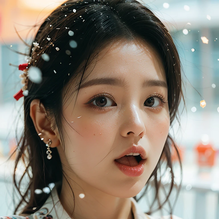 ExtremelyDetailed Kawaii girl Face,(Close-up Sweet lips), glossy lips with beautiful details, Coquettish tongue, Kissing to camera, towards the viewer, 8K TopQuality masterpiece,an extremely delicate and beautiful (ProfessionalPhoto:1.37), {Amazing|finely detail|official art|incredibly absurdres},ultra-detailed close-up shot, close up, (fish eye lens), wide lens, macro lens, Detailed reflective Eyes ElaboratePupils with (sparkling highlights:1.28) (Delicate Voluminous LongEyelashes:0.88), {(Tilted face:1.22)|Visible back of throat|saliva drips|naked shoulder}, (Dripping juice on tongue:1.23) snow particles