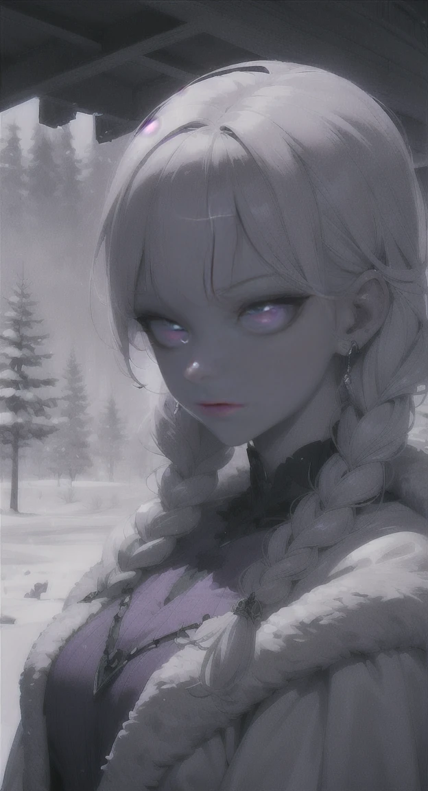 Frozen, misty Forest, ancient being, winter, snow, winter witch pale skin, purple eyes, eyes in the fog, regal appearance, cabin,