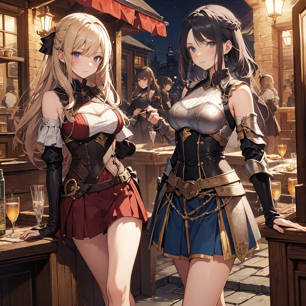 A group of  female medieval fantasy adventurers, (in tavern), various hair styles, harem, night, details face, short skirt, seducing, sleeveless, armor 