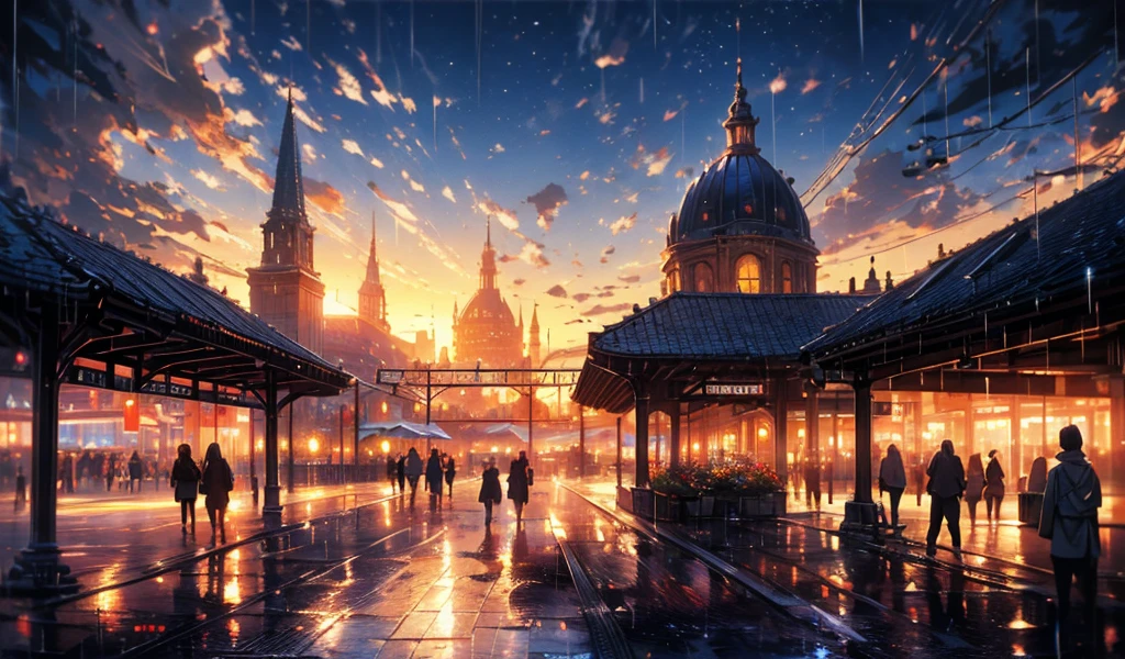 masterpiece, concept art,  train station in the rain at night, a detailed matte painting, by Makoto Shinkai, featured on pixiv, photorealism, night starry sky full of cats, watching the sun set. anime, wlop hdr, from arknights, wide-screen, train station, ( ( thomas kinkade ) ), art station, 'the end, very long
