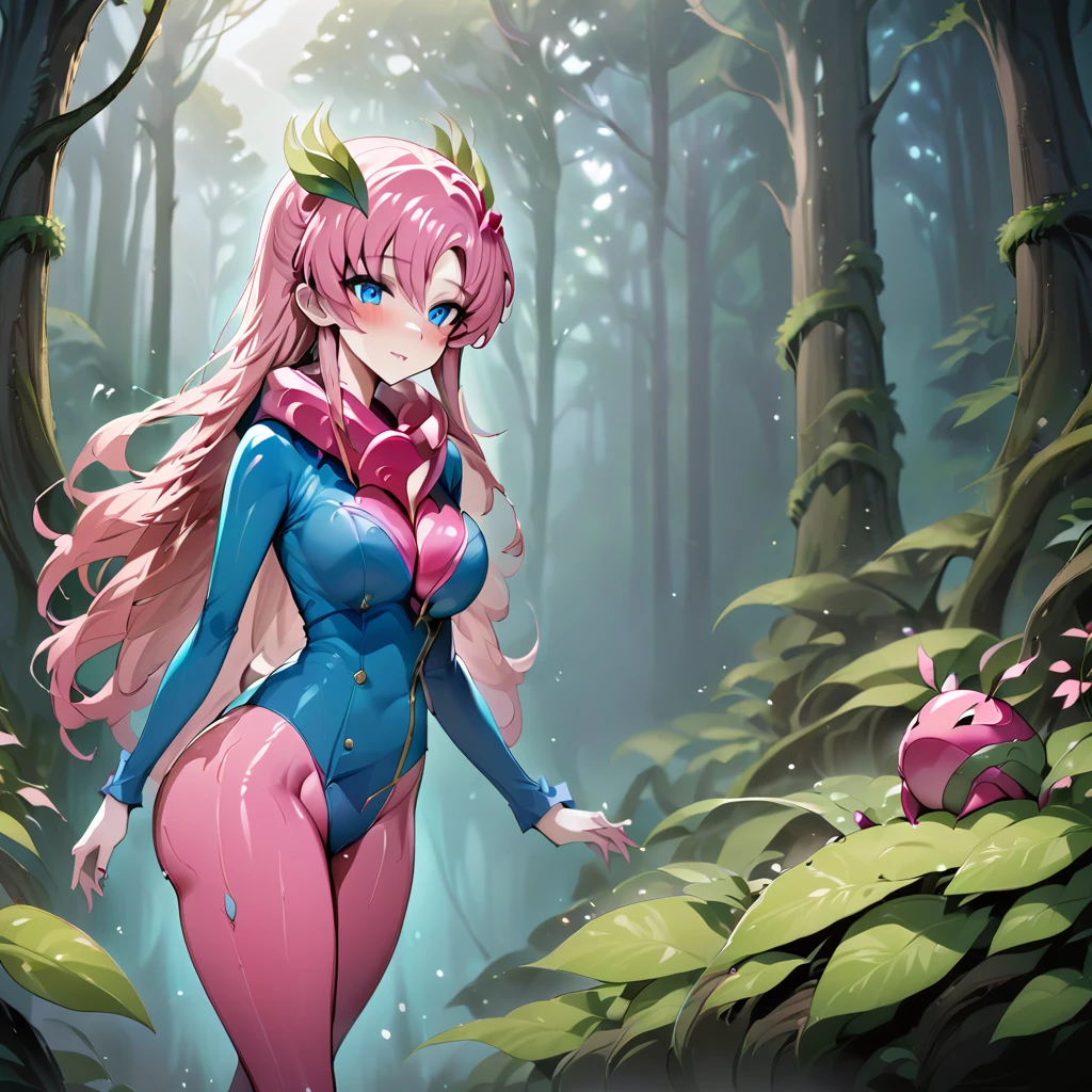 ((Highest quality)), ((masterpiece)), (detailed), (Perfect Face)、The female plant monster is Lacus Clyne, a bizarre plant monster with blue eyes, semi-long pink hair, and a body made of plants.、Lacus Clyne, a beautiful plant monster standing in the forest