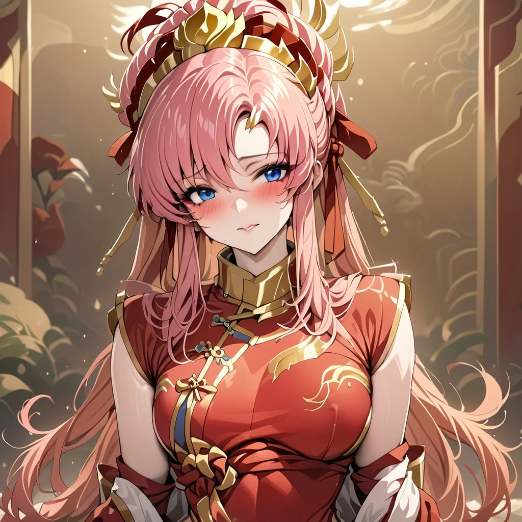 ((Highest quality)), ((masterpiece)), (detailed), (Perfect Face)、The woman with the appearance and hairstyle of an ancient Chinese empress is Lacus Clyne, with blue eyes, medium-long pink hair, wearing a gorgeous red ancient Chinese empress outfit with gold embroidery and trim, a gorgeous empress headdress, her hair is tied up like an ancient Chinese empress, and she is wearing gorgeous accessories.