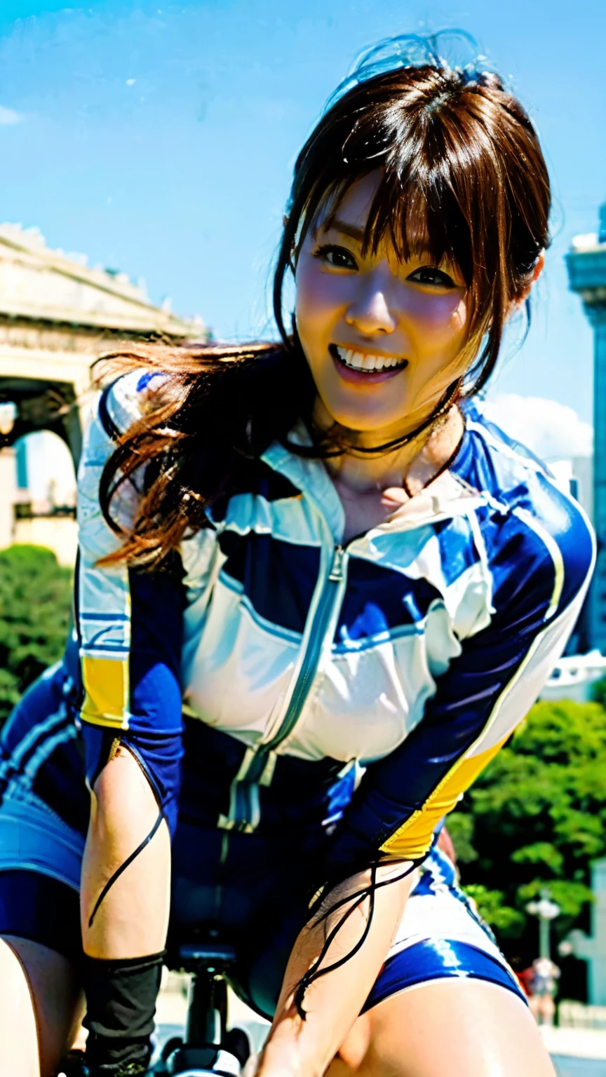 (((Using perfect anatomy, the limbs are carefully depicted down to the fingertips))),Shiho, a Japanese representative competing in the Olympic road bike race, has impressively toned thighs.,(((Shiho looked up from below.,View of the Arc de Triomphe and the Olympic flag))),Masterpiece,(Highest quality,4K High Resolution,masterpiece:1.2),Very detailed,Realistic photos,Tilt your head and turn around,(((perfect anatomy))),(((Ulzan 6500))),A portrait with impressive depth of field,(((Shiho, 20 years old,Super short hair with curled ends looks good on her,Boyish professional cyclist,The colorful short-sleeved cyclist suit and binding shoes are very cute,Looking down on the world below while riding a road bike from the summit with a great view,A sense of superiority and accomplishment brings a big smile to your face,A cycling course in the mountains with beautiful fresh greenery,A photo of Shiho from the front as she straddles her cool Cannondale road bike,(((Beautiful C-cup breasts and a slim waist like a coke bottle))),Be frozen in a moment of breathtaking splendor and elegance, graceful pose and fluid movements,Accented with dynamic cocktail rays and particle effects,The style of the photo resembles a fantasy watercolor painting.,Emphasis on fluidity and beauty,Camera parameters: Nikon D6 for best 4K image quality,Cute Shiho,