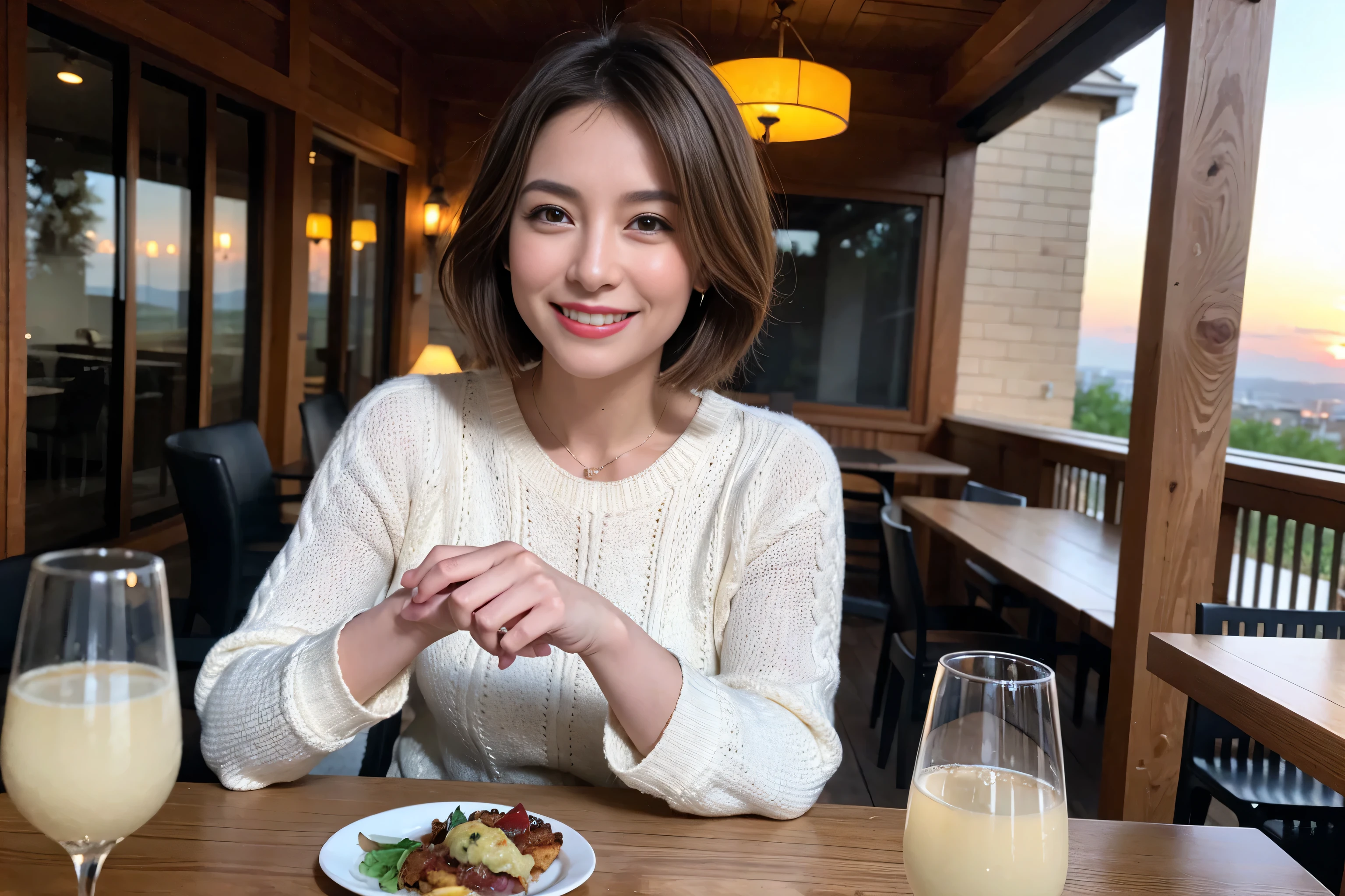(Realistic:1.1),(masterpiece,Highest quality),8k,(49 years old), 50 years old, slimカップル、Tight waist,Upper Body,full-course dinner、wine 、Amazing view of the sunset sky and clouds、Perfect Anatomy, Brown Hair, short hair,Random Hairstyles,((Highly detailed face and eyes:1.2)),Perfect golden ratio face,Long sleeve shirt、dress,(smile:1.2)、Shortcuts、cute、(Realistic, Intricate details:1.2), A bright smile、short hair,Bright Face、赤wine 、Appetizers、Italian food、wine bottle、Champagne、スパークリングwine、(slimな顔), (The body is slim), (Brown Hair), (Shortcuts), Upper Body, 白wine, slim, wineグラス,